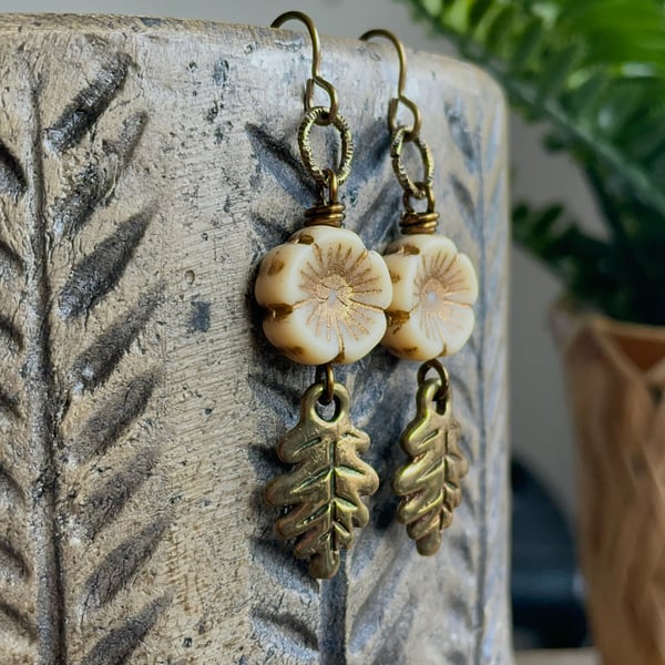 Cream Czech Glass Flower Earrings with Bronze Leaf Charms