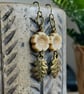 Cream Czech Glass Flower Earrings with Bronze Leaf Charms