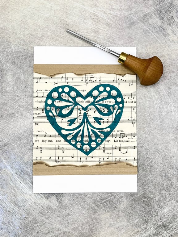 Christmas Love Birds Lino Print Card - Green