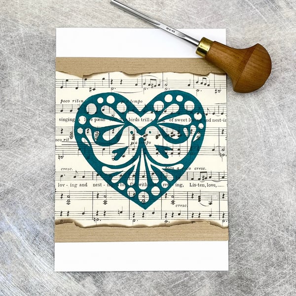 Christmas Love Birds Lino Print Card - Green
