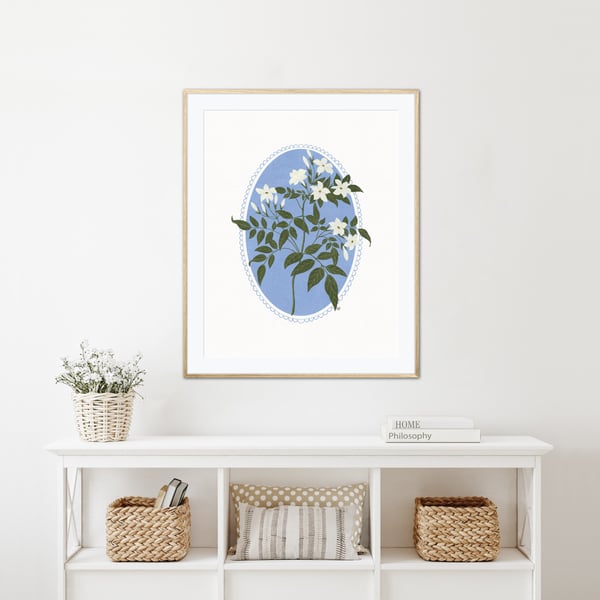 Jasmine Flower Botanical Illustration Art Print, Floral Wall Art, A4 Art Print