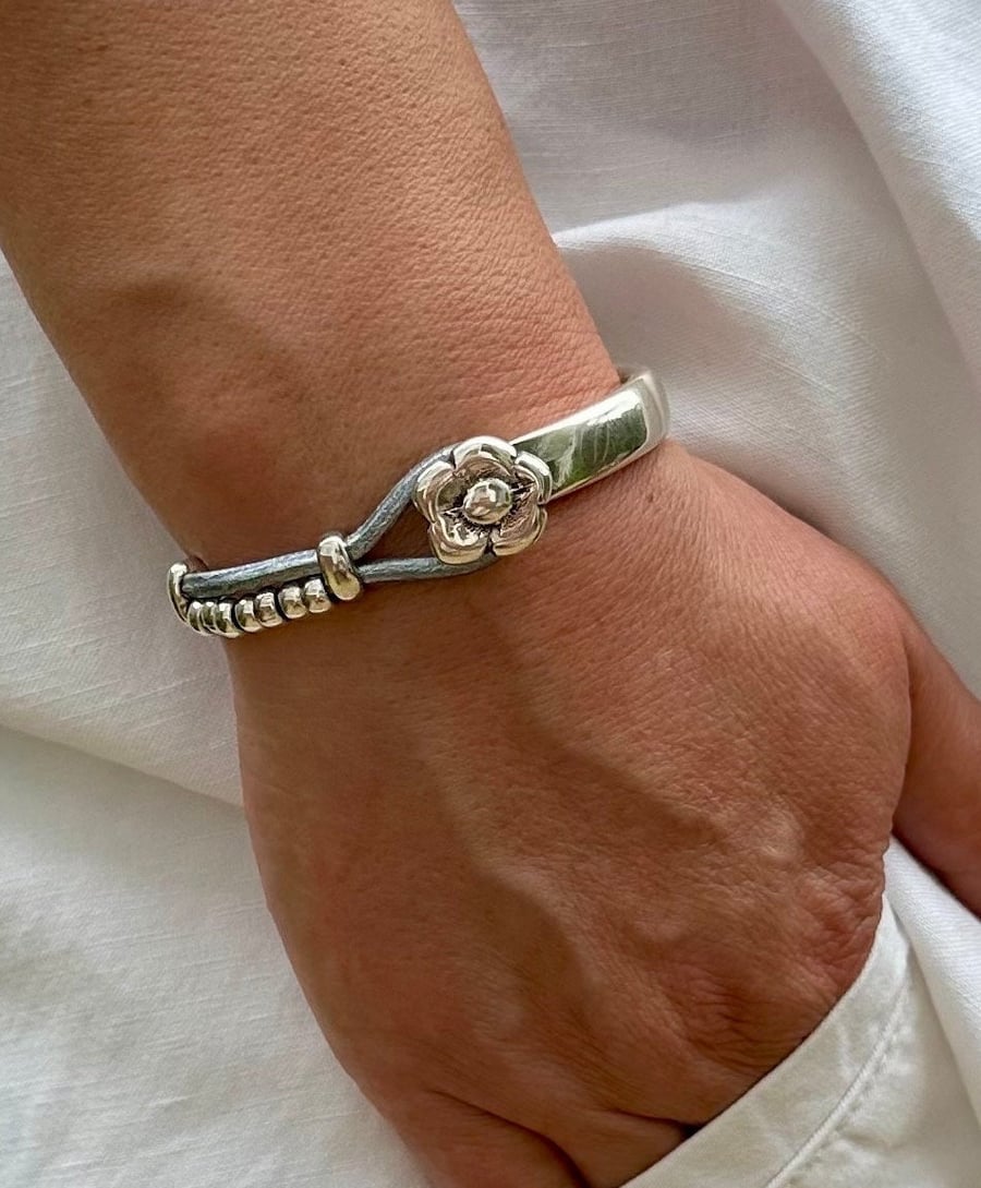 Women's Leather Bracelet, Silver Plated Boho Cuff Bracelet