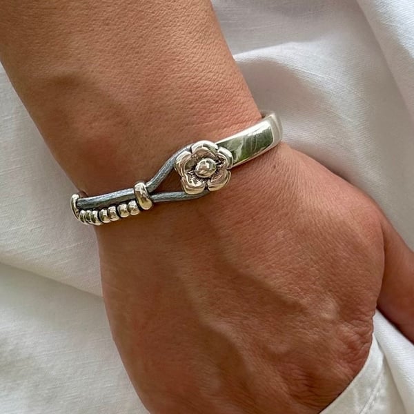 Women's Leather Bracelet, Silver Plated Boho Cuff Bracelet