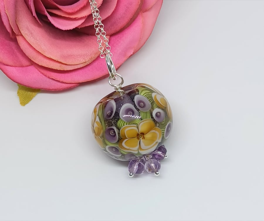 Purple and Orange Flower Lampwork Glass Pendant with Amethyst Drops