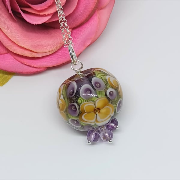 Purple and Orange Flower Lampwork Glass Pendant with Amethyst Drops