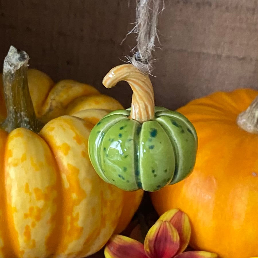 Tiny hanging ceramic pumpkin decoration green