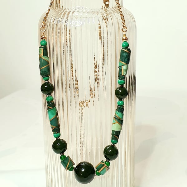 One of a kind Green and Gold paper beaded long necklace