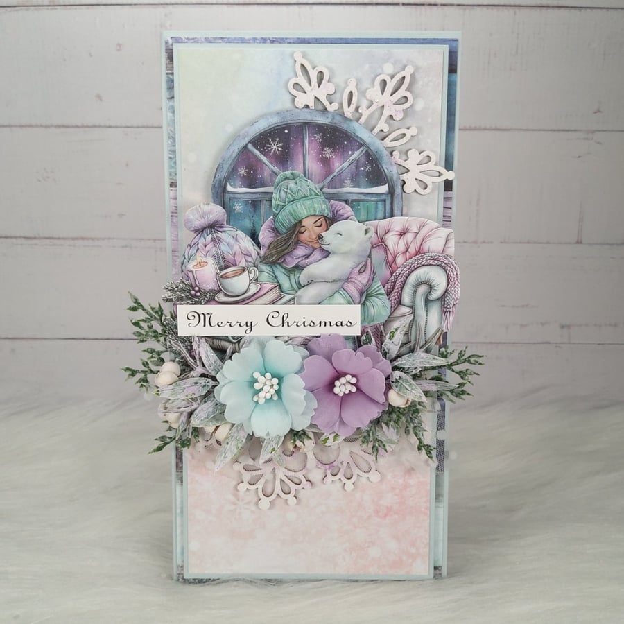 Handmade Christmas Card (119) Pastel Winter Scene with Flowers. 