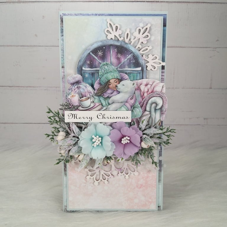 Handmade Christmas Card (119) Pastel Winter Scene with Flowers. 
