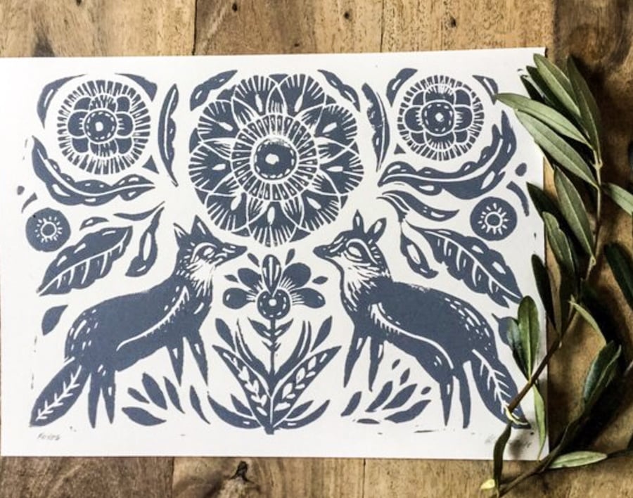 Folk foxes Lino print grey