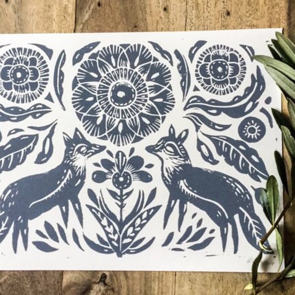 Folk foxes Lino print grey