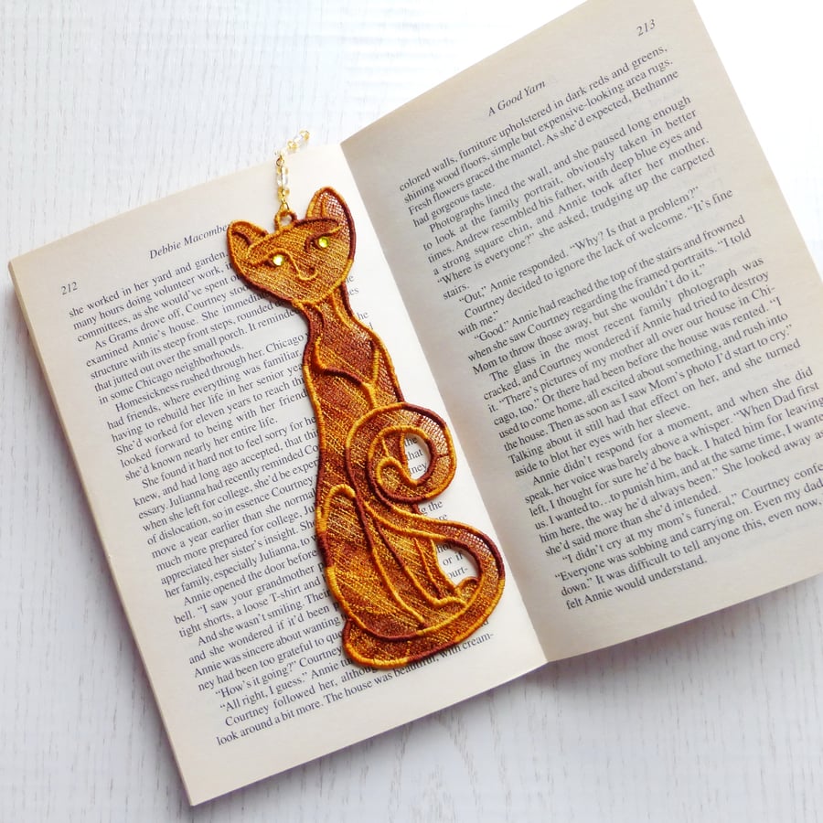 Cat Bookmark, embroidered lace