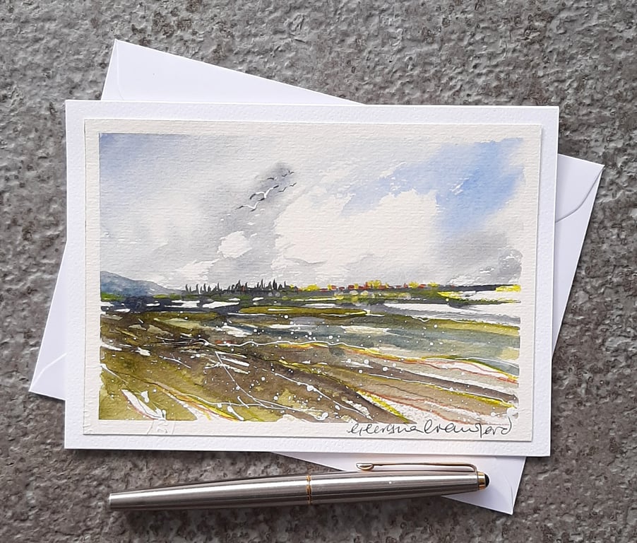 Distant Village. Blank Card. Mixed Media Painting