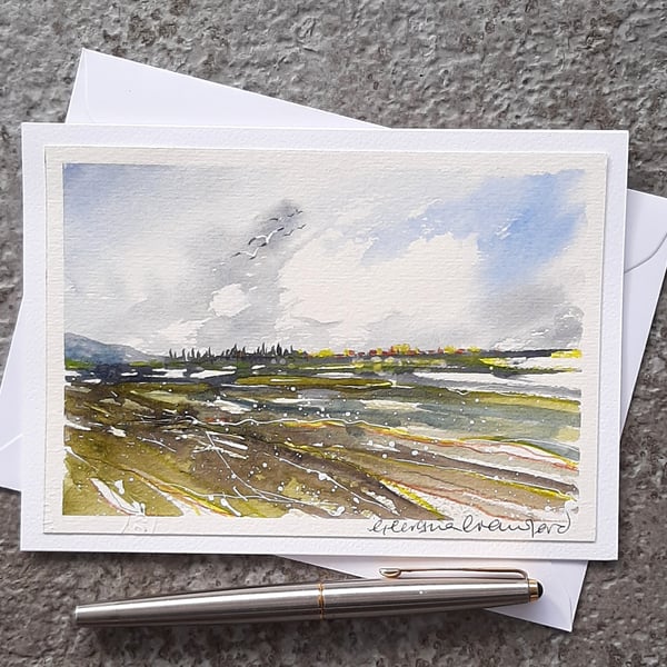 Distant Village. Blank Card. Mixed Media Painting