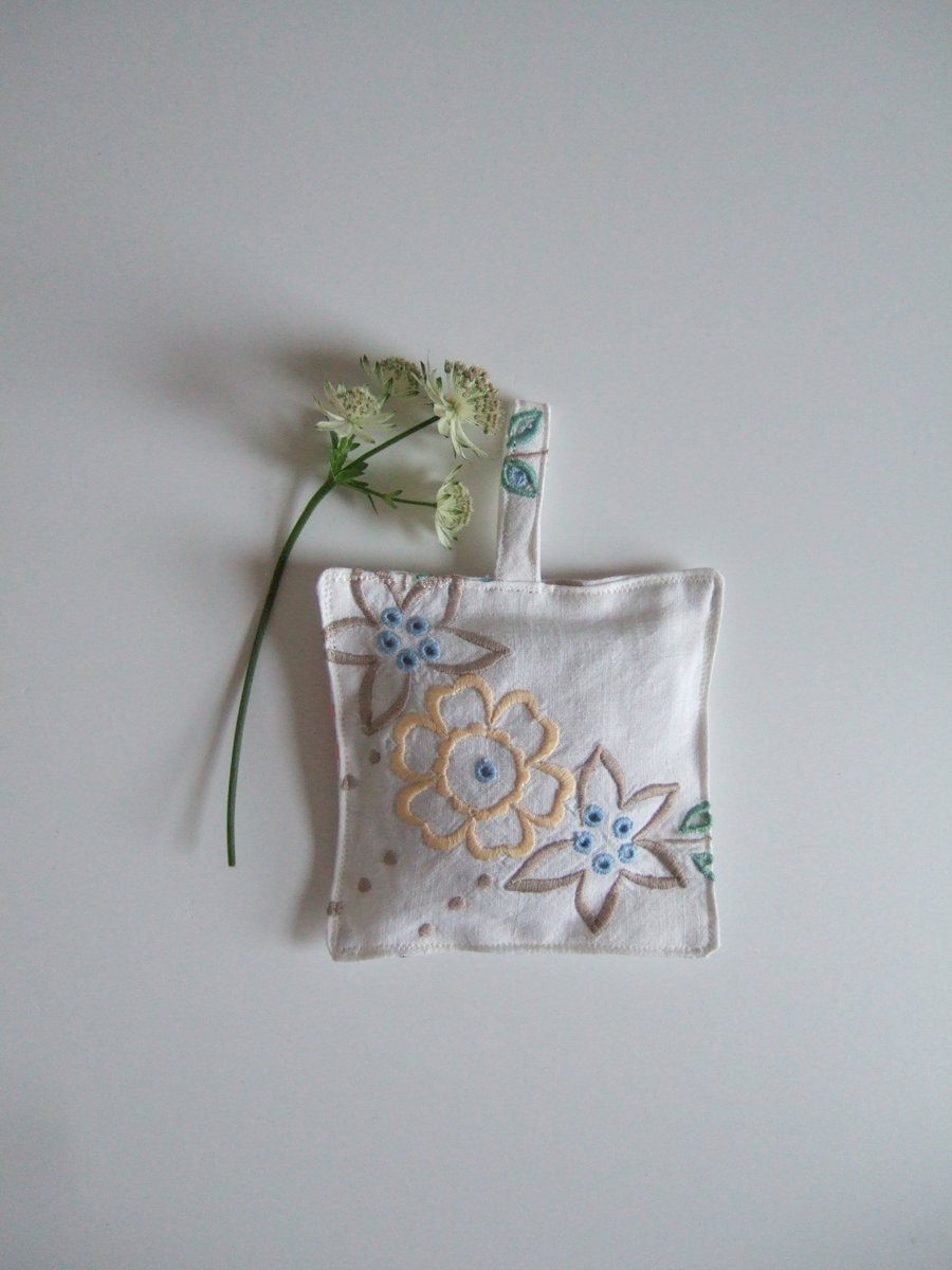 French lavender bag sewn from a vintage embroidered tablecloth.