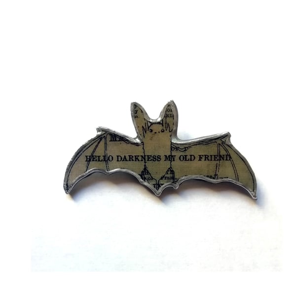 Lyrical Simon & Garfunkel Sound of Silence Grey Bat Brooch by EllyMental