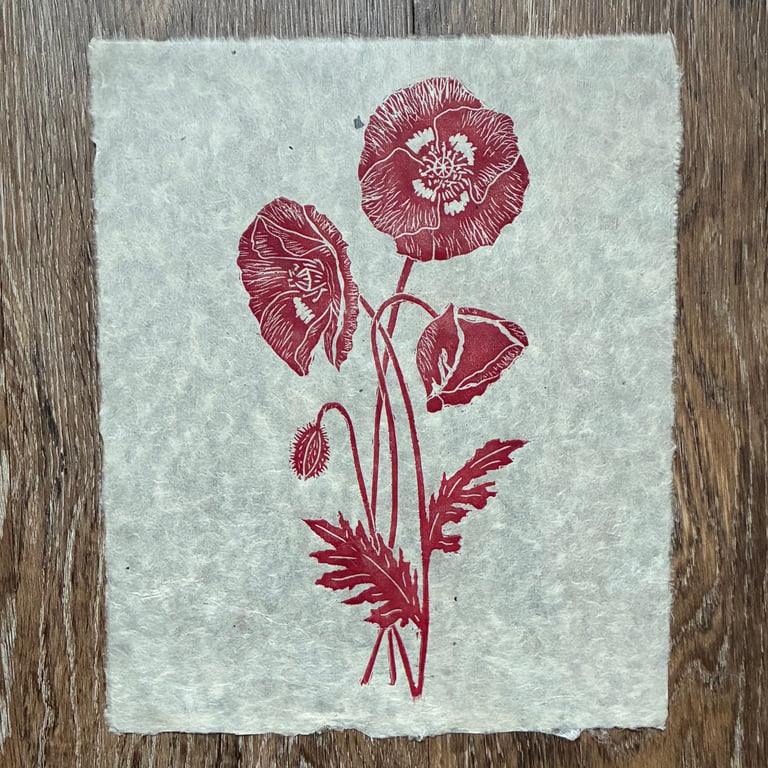 PERFECTLY IMPERFECT Wild poppies original linocut print in red