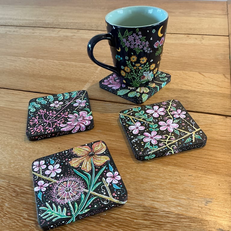 Set of 4 coasters  maximalist boho floral design handpainted 1 of a kind 