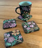 Set of 4 coasters  maximalist boho floral design handpainted 1 of a kind 