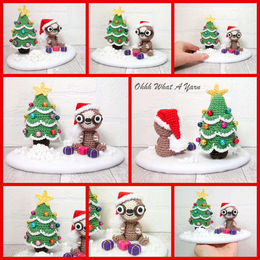 Sloth and Christmas tree crocheted sculpture.  Crochet ornament, decoration
