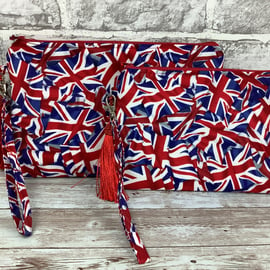 Union Jacks zip clutch bag, Detachable wrist strap, 2 size options, Handmade