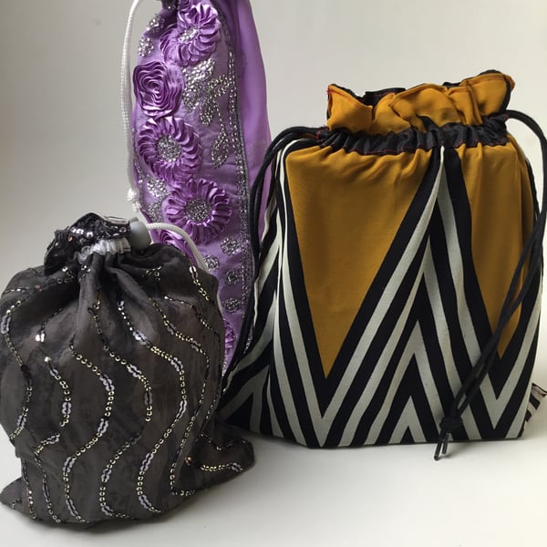 Three fabric gift bags - sparkles and stripes