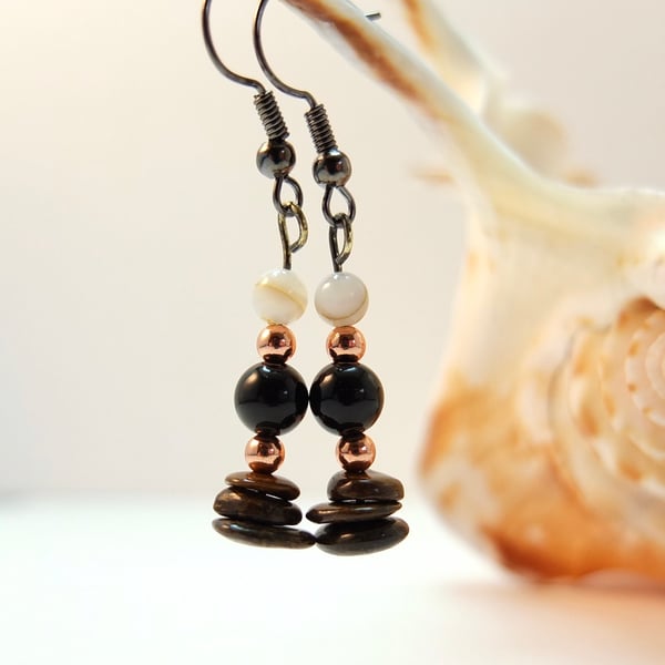  Bronzite, Obsidian, Shell And Copper Earrings - Sale