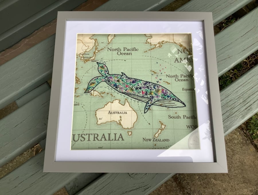 Hand Embroidered Framed Picture of Blue Whale