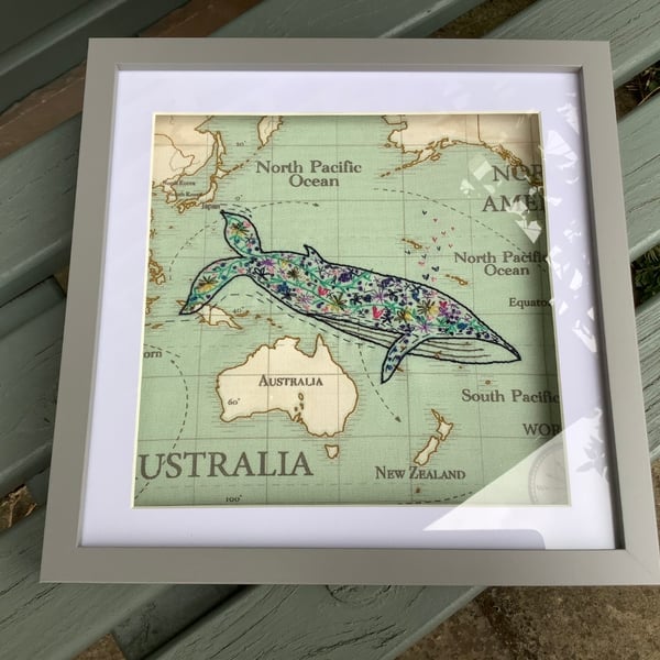 Hand Embroidered Framed Picture of Blue Whale