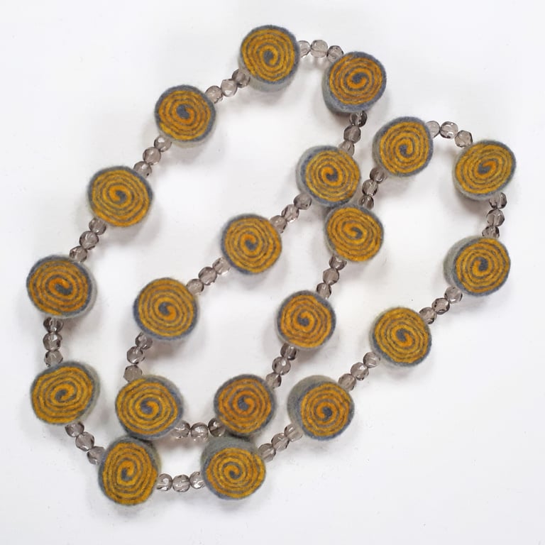 Light Grey and Yellow Felt Necklace with Transparent Faceted Grey Glass Beads