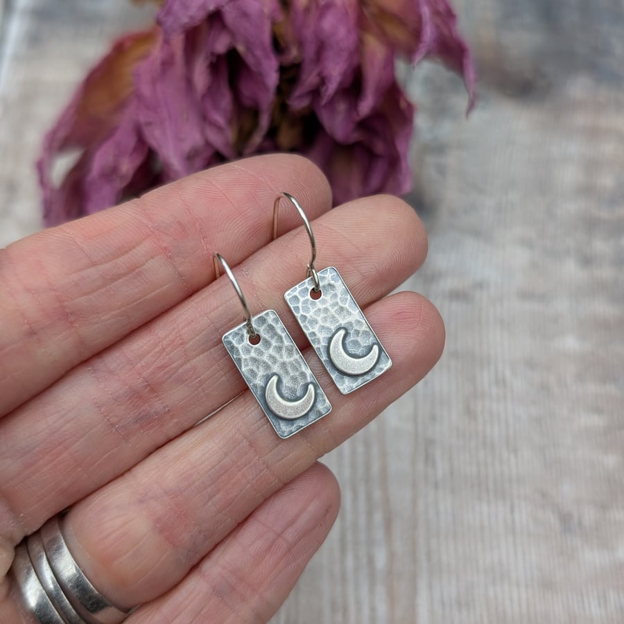 Sterling Silver Hammered Rectangle Earrings with Moons