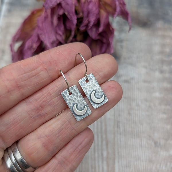 Sterling Silver Hammered Rectangle Earrings with Moons - JBJ1067