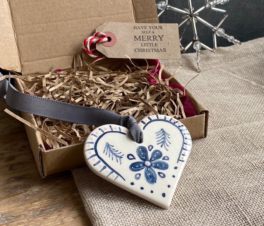 Handmade Pottery Hanging Heart decoration hand painted