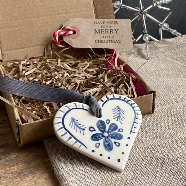 Handmade Pottery Hanging Heart decoration hand painted