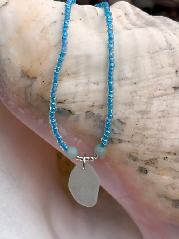 Seaglass and seed beads necklace