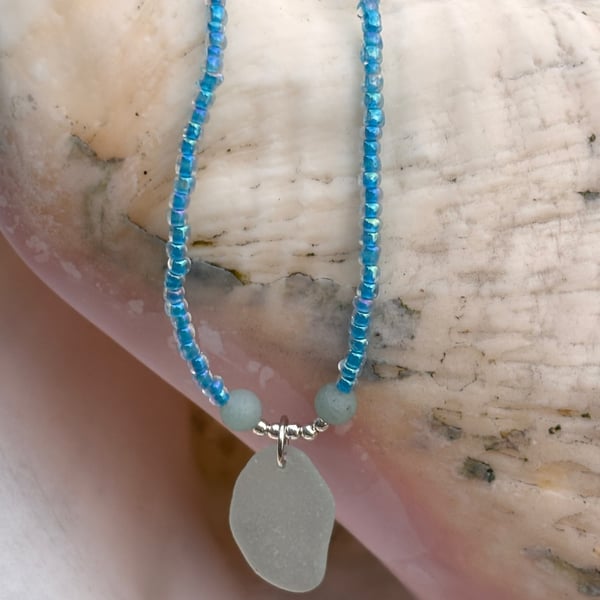 Seaglass and seed beads necklace