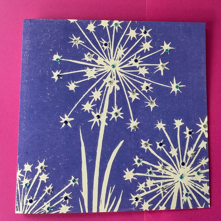 Hand-Printed Allium Linocut Card with Crystal Gem Embellishments