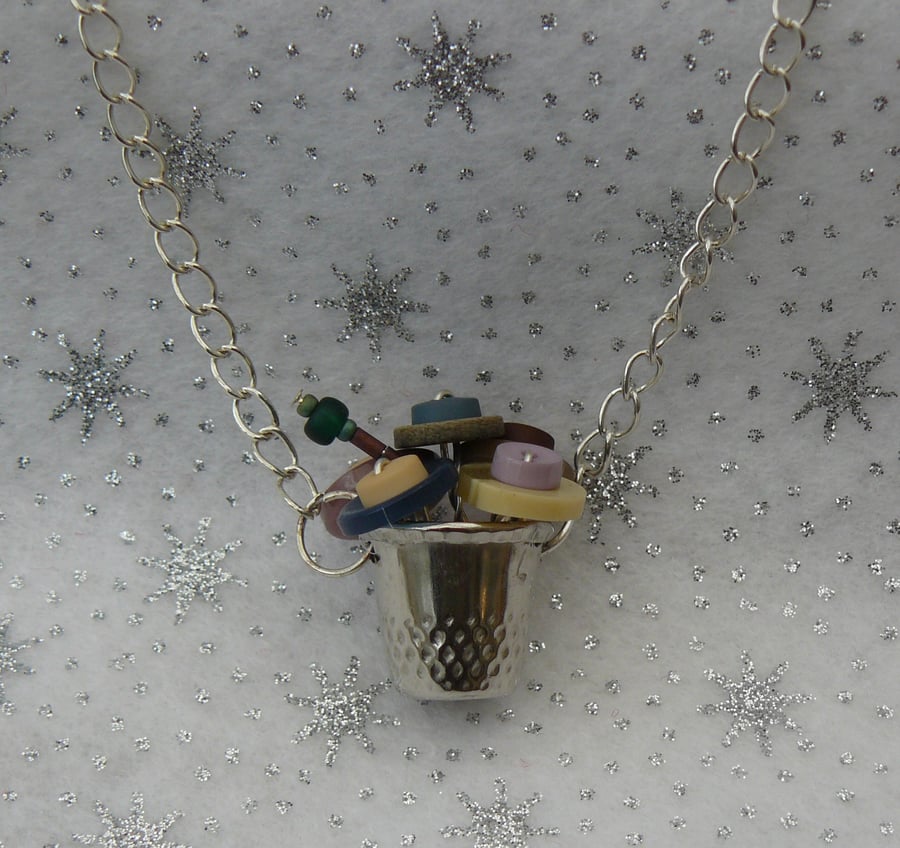 Button and Thimble Miniature Bouquet Necklace in Vintage Shades