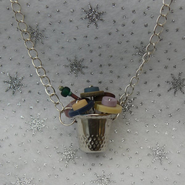 Button and Thimble Miniature Bouquet Necklace in Vintage Shades
