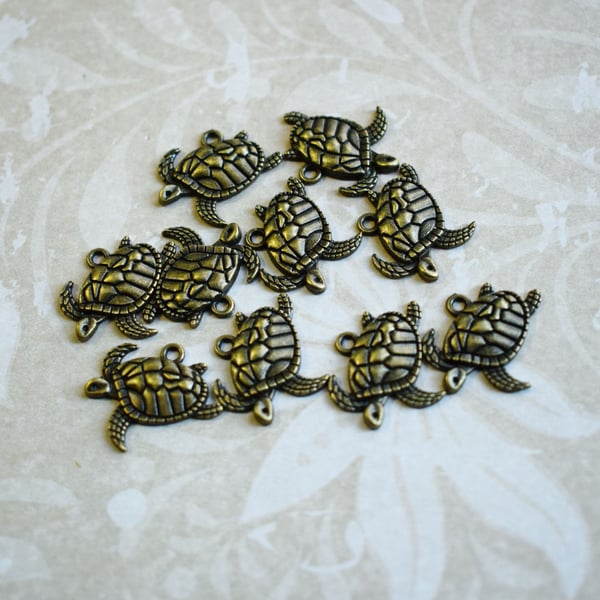 Pack of 10 Bronze Plated Turtle Charms, Sea Life Themed Pendants