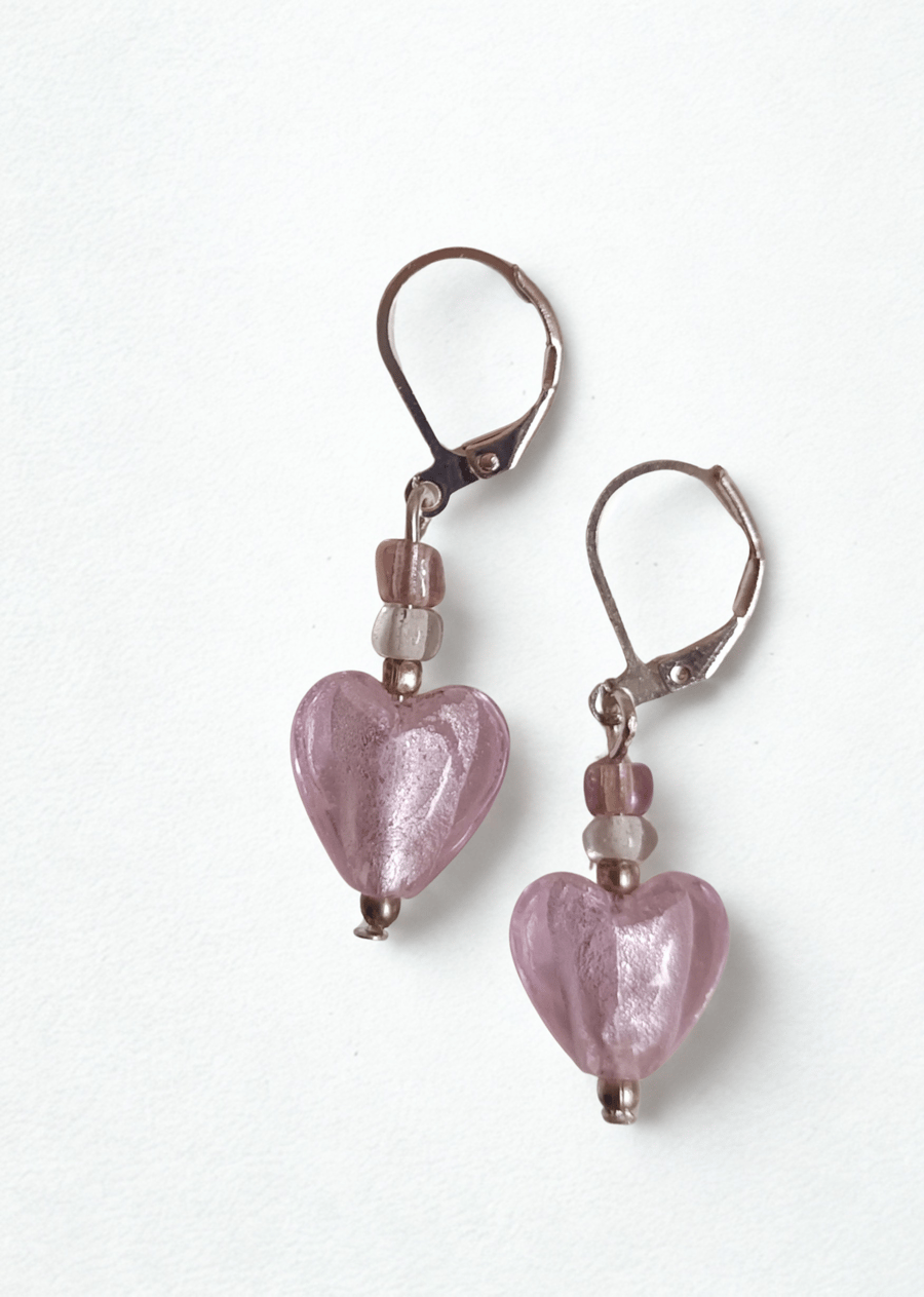 Icy Pink Glass Heart Earrings 