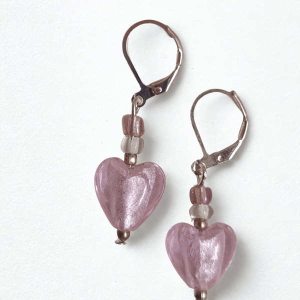 Icy Pink Glass Heart Earrings 