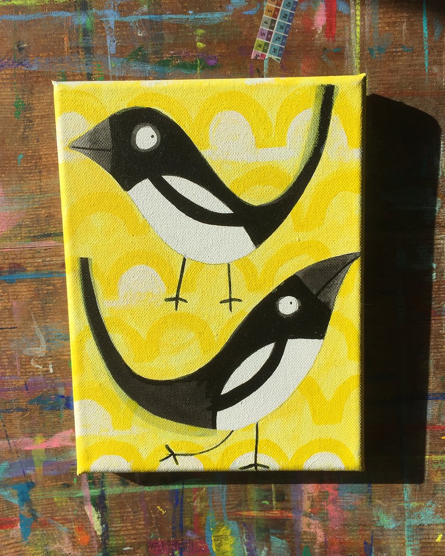 Magpies -Yellow -  fun cute original acrylic painting by Jo Brown Happy Tomato