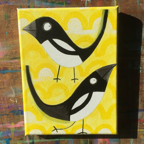 Magpies -Yellow -  fun cute original acrylic painting by Jo Brown Happy Tomato