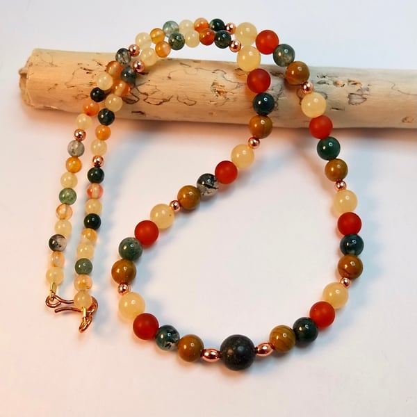 Agate, Carnelian, Ambronite & Copper Necklace - Handmade In Devon - Free UK P&P