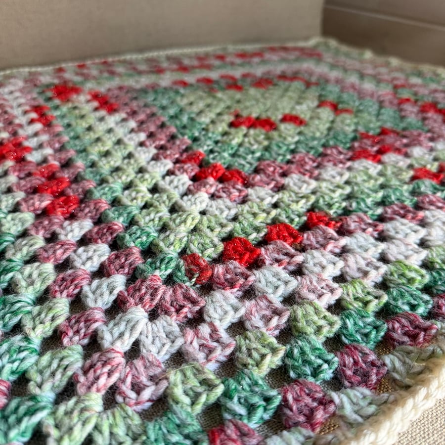 Handmade Crochet Baby Blanket, Sage Green & Red Granny Square Blanket 24"