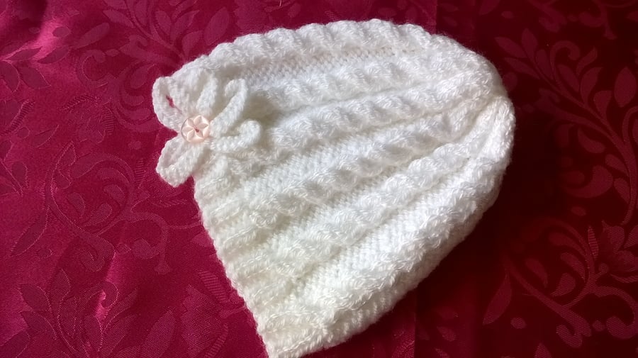 Now Available Girls Cabled Pull on hat with Flower