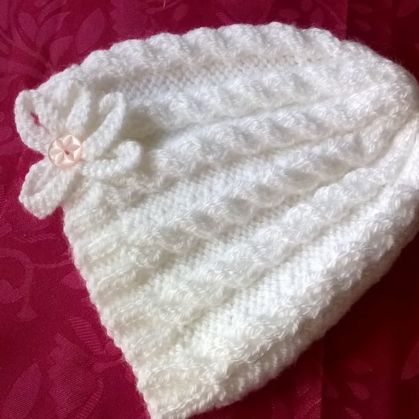 Now Available Girls Cabled Pull on hat with Flower