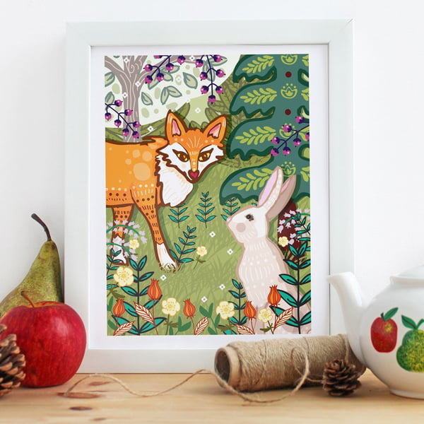 'The Fox and the Hare' - Illustration print - Woodland Themed Nursery Art