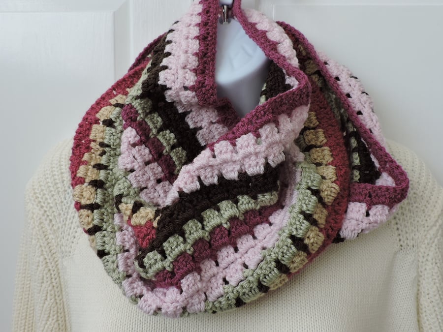  Clearance Sale now 5.00 Infinity Scarf  Crochet Assorted Pinks Green and Brown